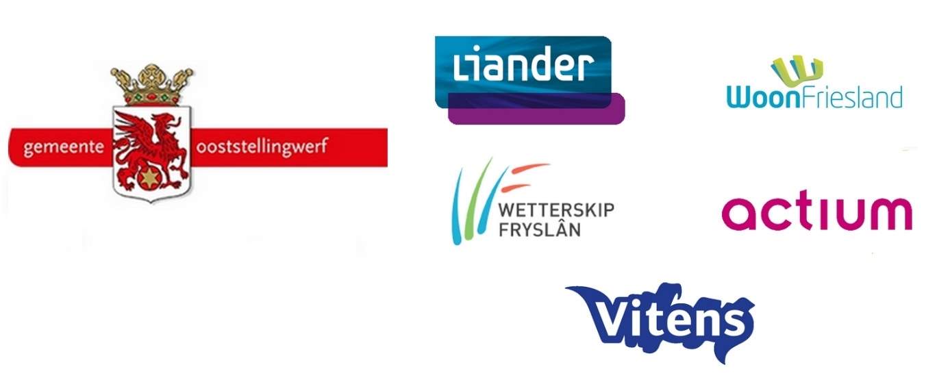 Logo's, met de klok mee: Gemeente Ooststellingwerf, Liander, WoonFriesland,, Actium, Vitens en Wetterskip Fryslân.
