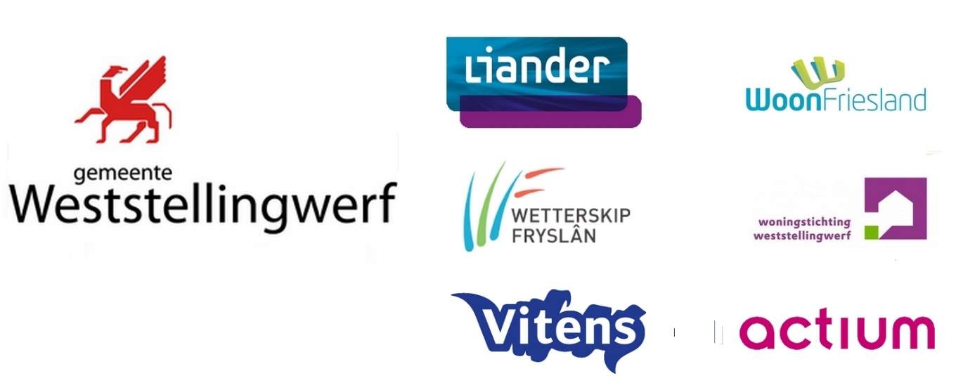 Logo's, met de klok mee: Gemeente Weststellingwerf, Liander, WoonFriesland, Woningstichting Weststellingwerf, Actium, Vitens en Wetterskip Fryslân.