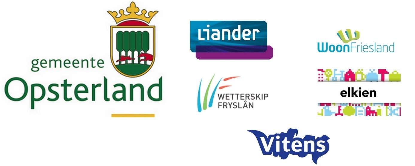 Logo's, met de klok mee: GemeenLogo's met de klok mee: gemeente Opsterland, Liander, WoonFriesland, Elkien, Vitens en Wetterskip Fryslân.