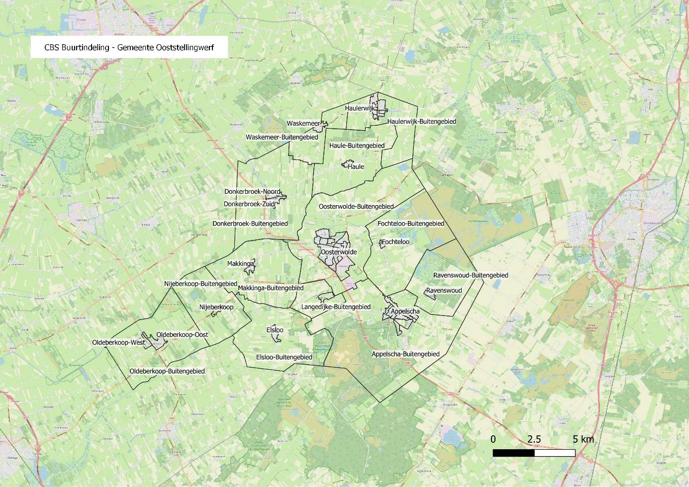 CBS-buurtindeling van de gemeente Ooststellingwerf. Voor de buurtindeling van Oosterwolde, Appelscha en Haulerwijk zijn specifieke kaarten opgenomen.