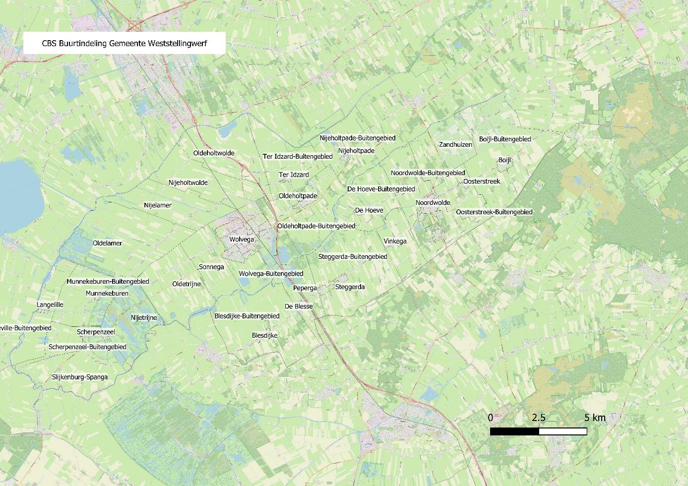 CBS-buurtindeling van de gemeente Weststellingwerf. Voor de buurtindeling van Wolvega en Noordwolde zijn specifieke kaarten opgenomen.