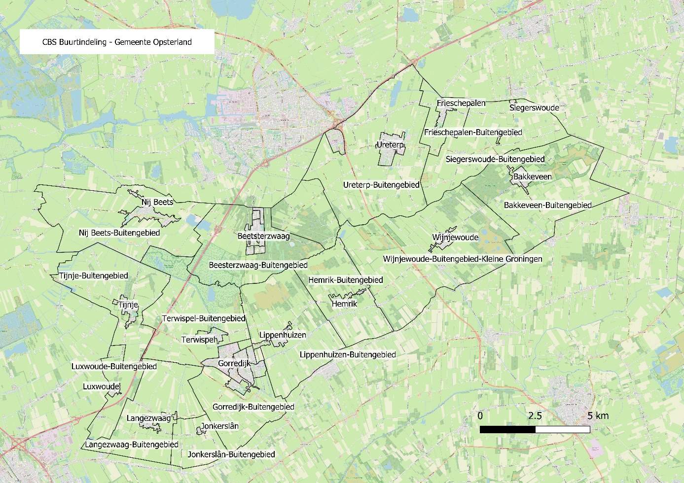 CBS-buurtindeling van de gemeente Opsterland. Voor de buurtindeling van Gorredijk, Ureterp, Beetsterzwaag en Bakkeveen zijn specifieke kaarten opgenomen.