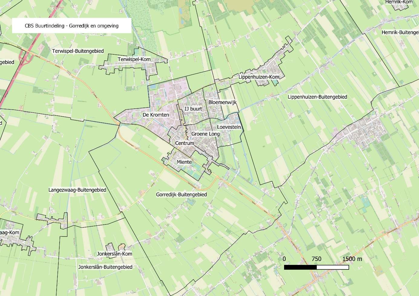 CBS-buurtindeling van Gorredijk en omgeving.